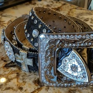 Rhinestone Western Belt Genuine Leather CROSS